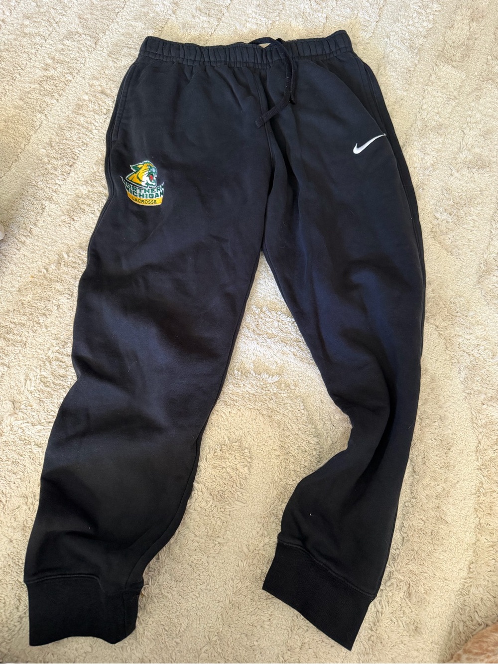 Nike Black Sweatpants with White Swoosh & Colorful Patch
